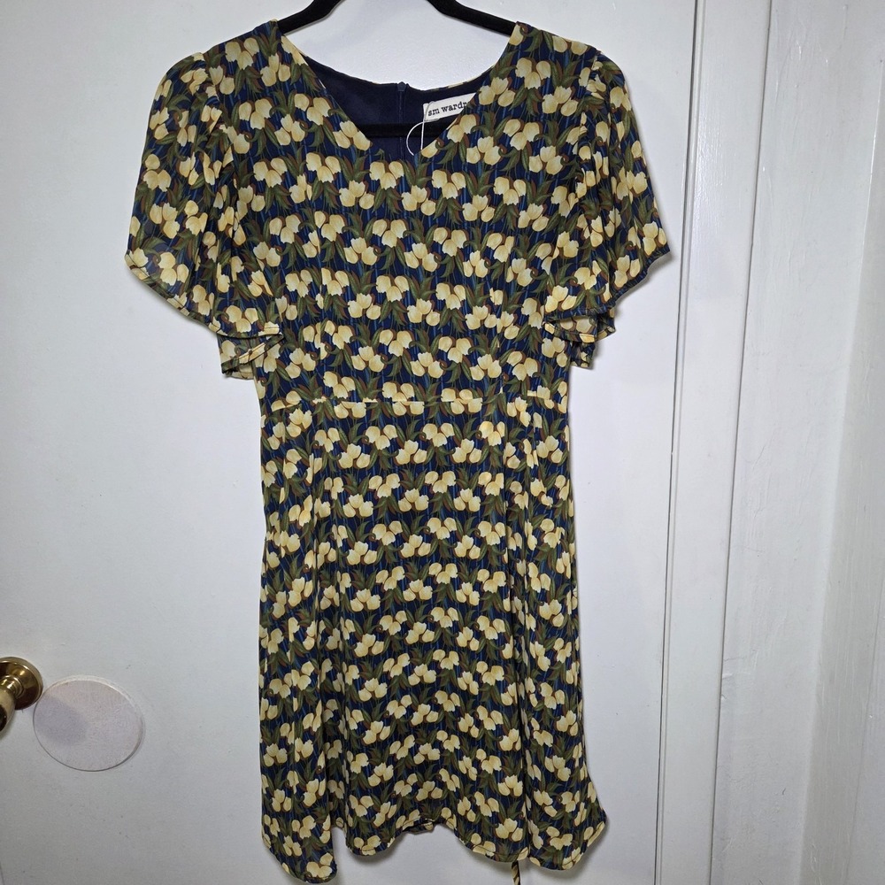 SM Wardrobe Floral Dress Women S Blue Yellow Tulip Print Boho Tie Waist‎ Mini